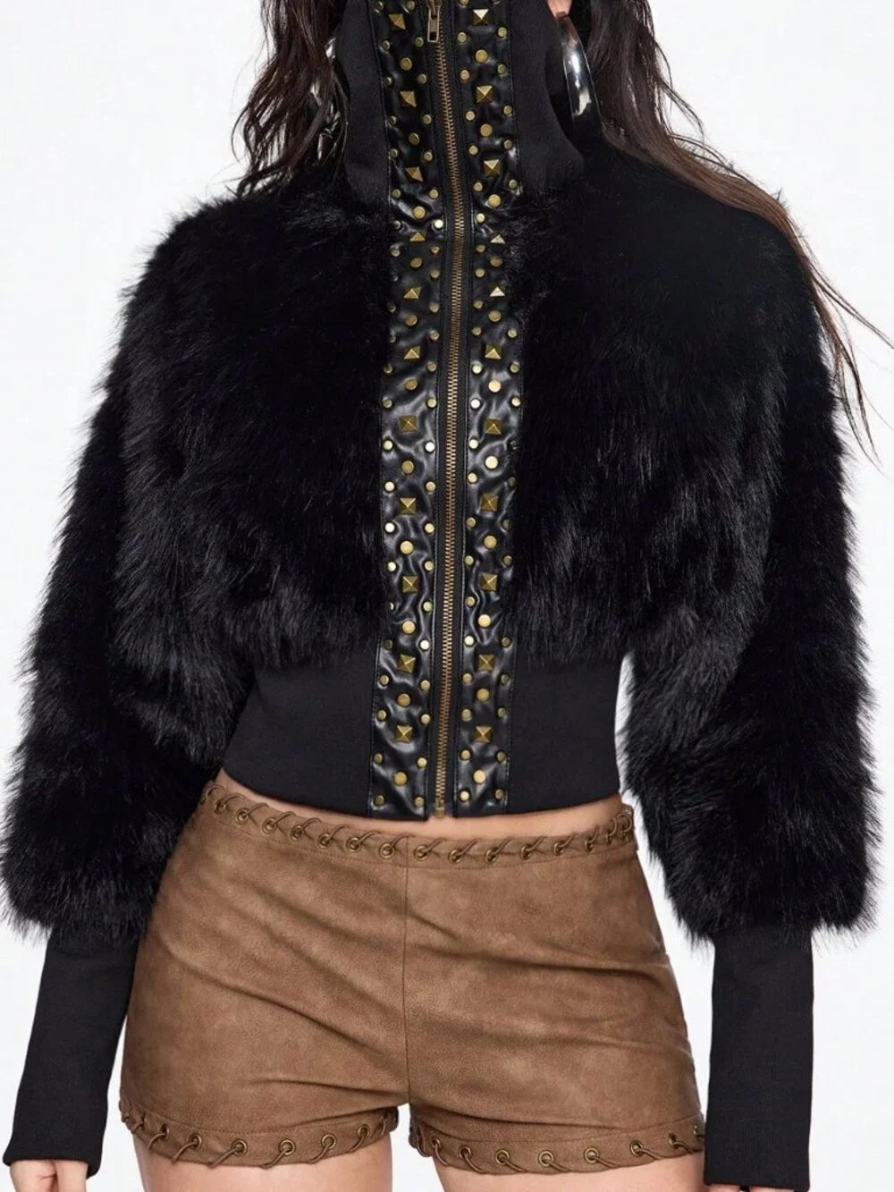 Black Casual Women's Contrasting Faux Fur Zipper Short Jacket